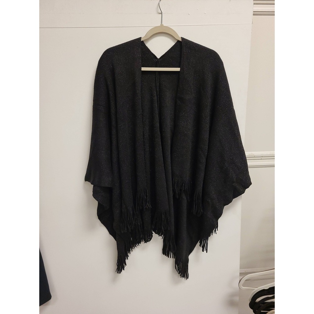 g Womens Black Acrylic Fringe Poncho Cape Shawl Open Front‎ One Size Fashion